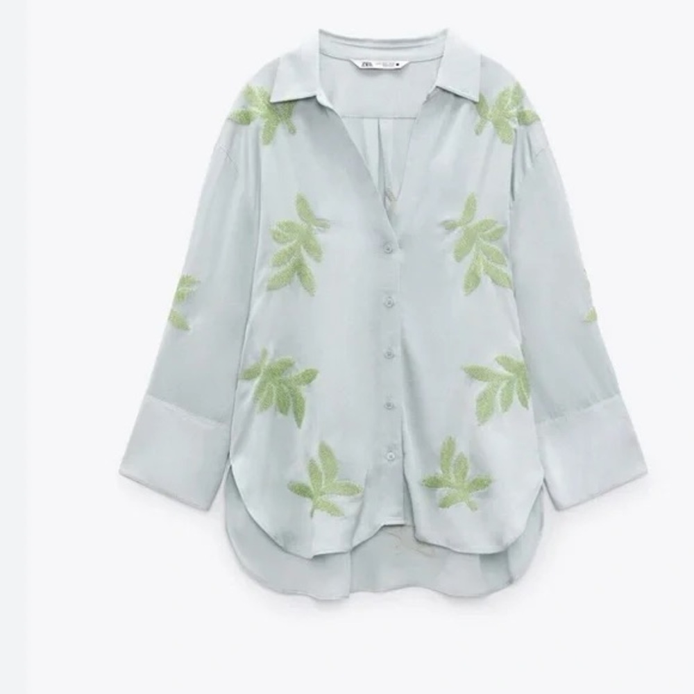 Zara beaded leaf tropical blouse satin blue and green XL Blogger Favorite!